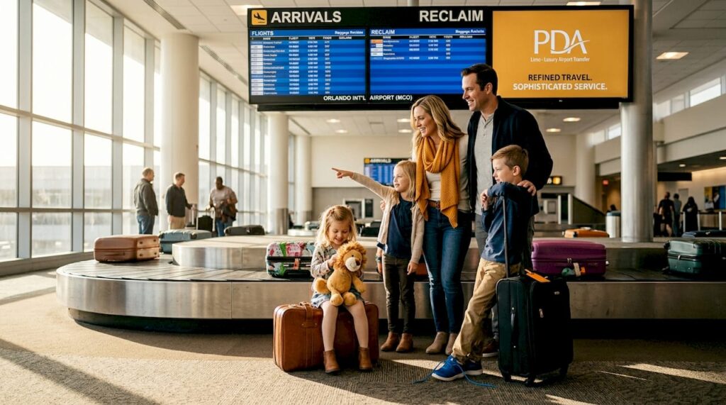 Family with kids waiting at Orlando airport baggage claim