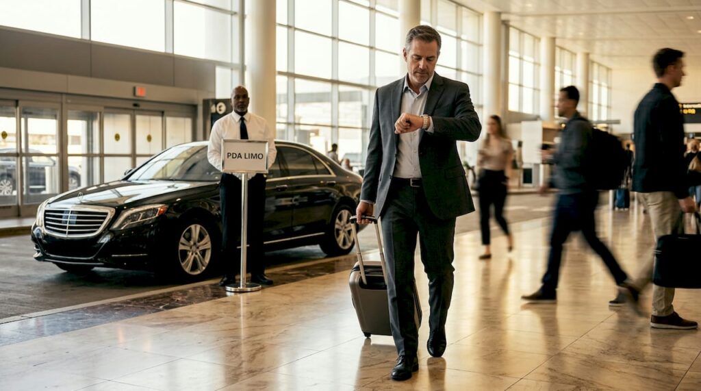Executive meets chauffeur at airport arrivals