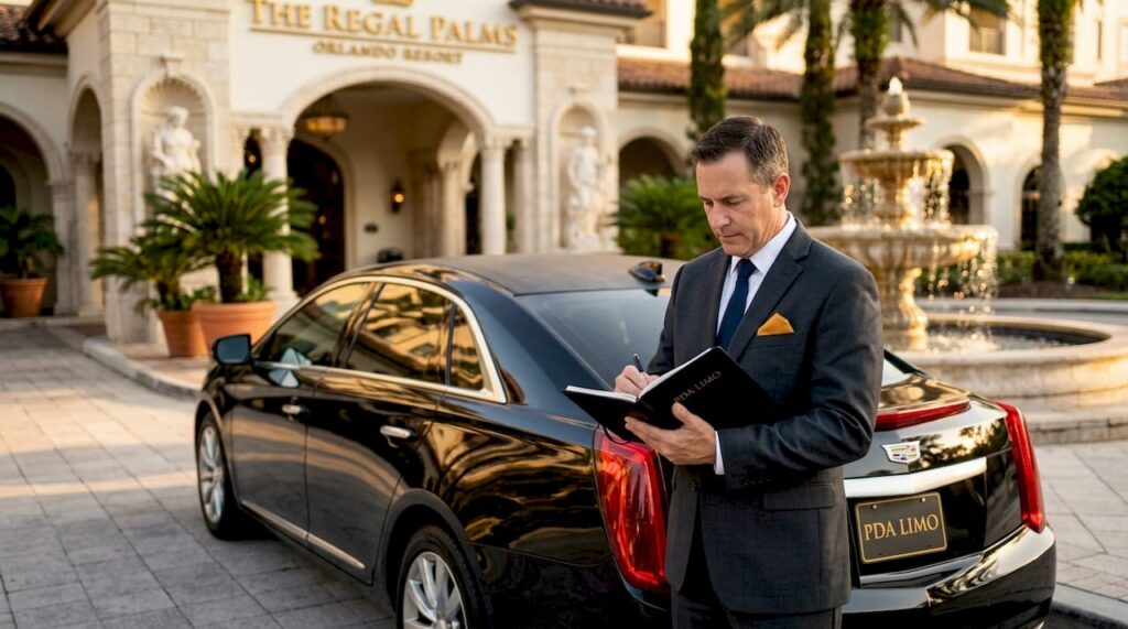 Chauffeur opening limousine door at Orlando airport