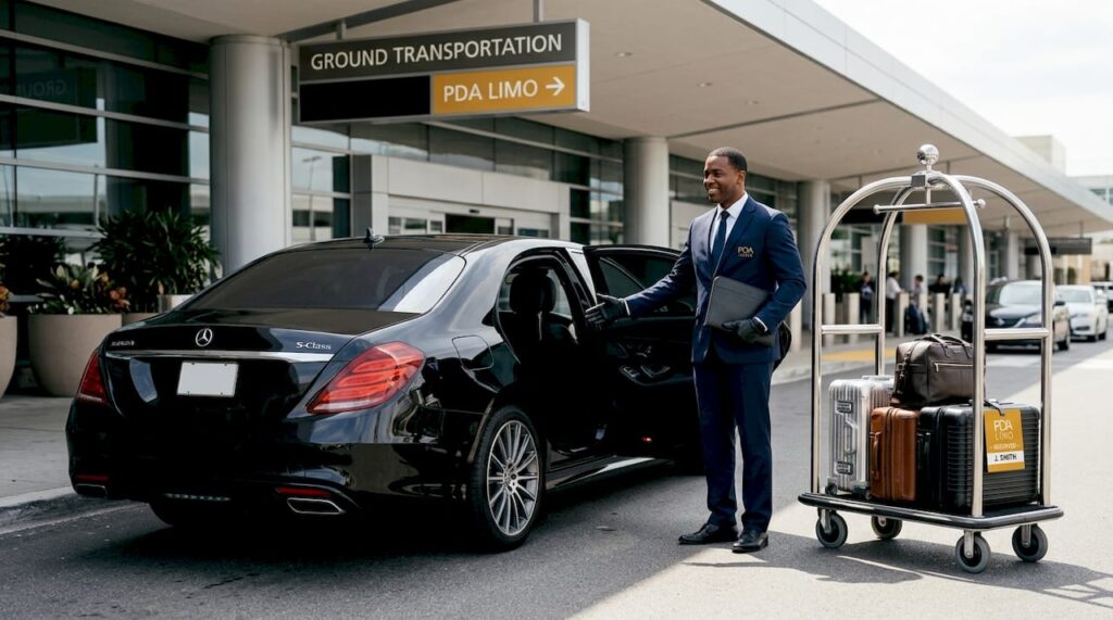 Chauffeur opening luxury car door at airport curbside
