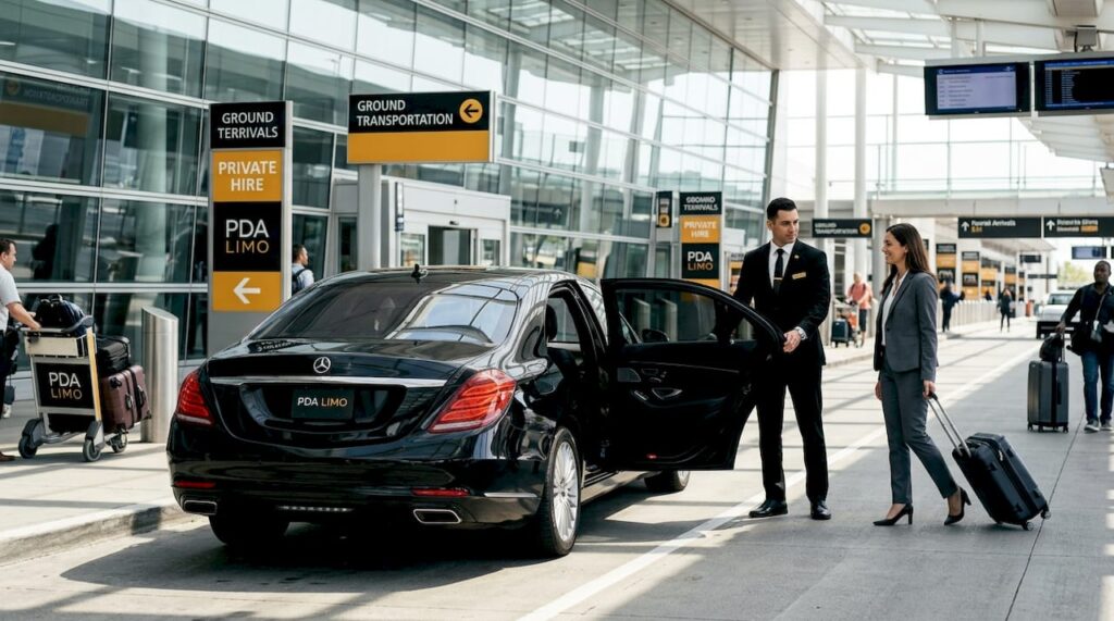 Luxury black car with chauffeur at airport curb