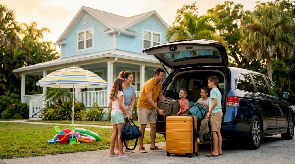 Family loading luggage into minivan for Orlando trip
