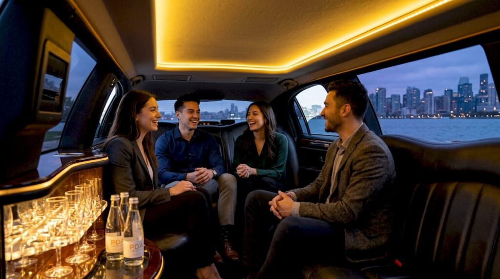 Passengers enjoying luxury group limo interior
