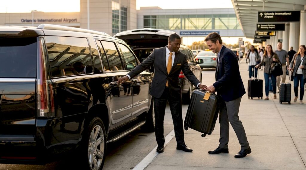 Chauffeur opening limo door at Orlando airport