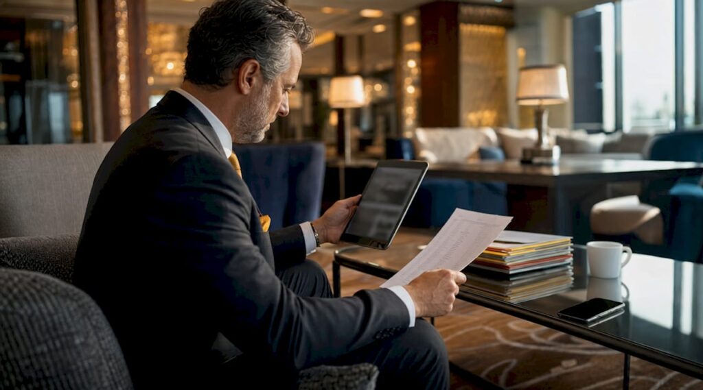 Event planner reviewing large group limo booking