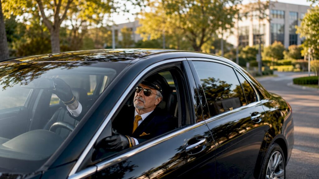 Executive chauffeur adjusting luxury sedan mirror