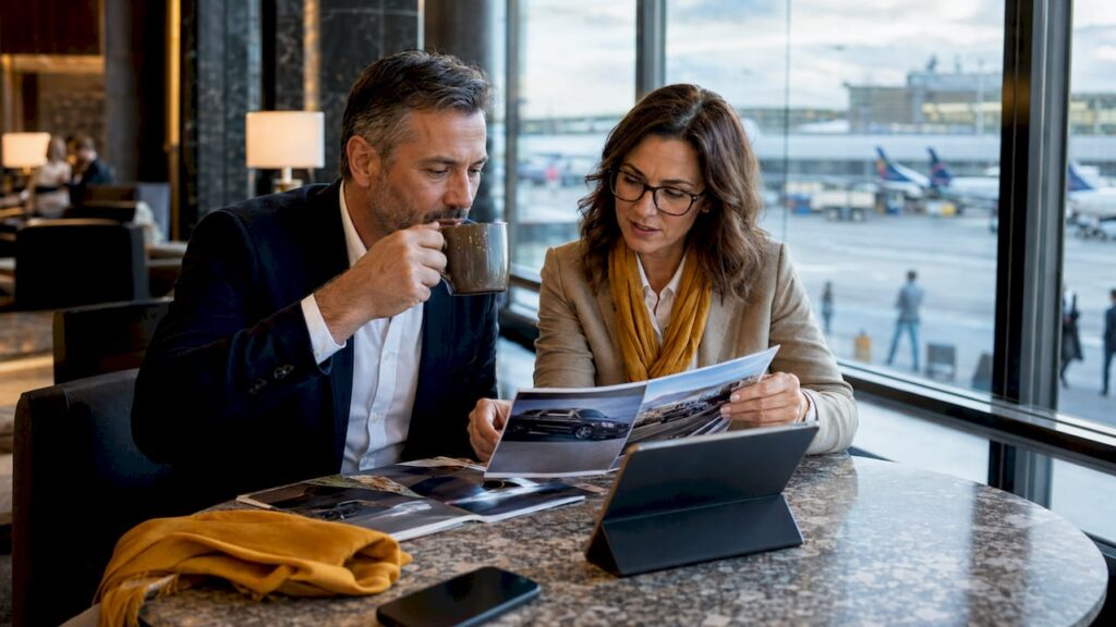 Couple comparing limo service alternatives