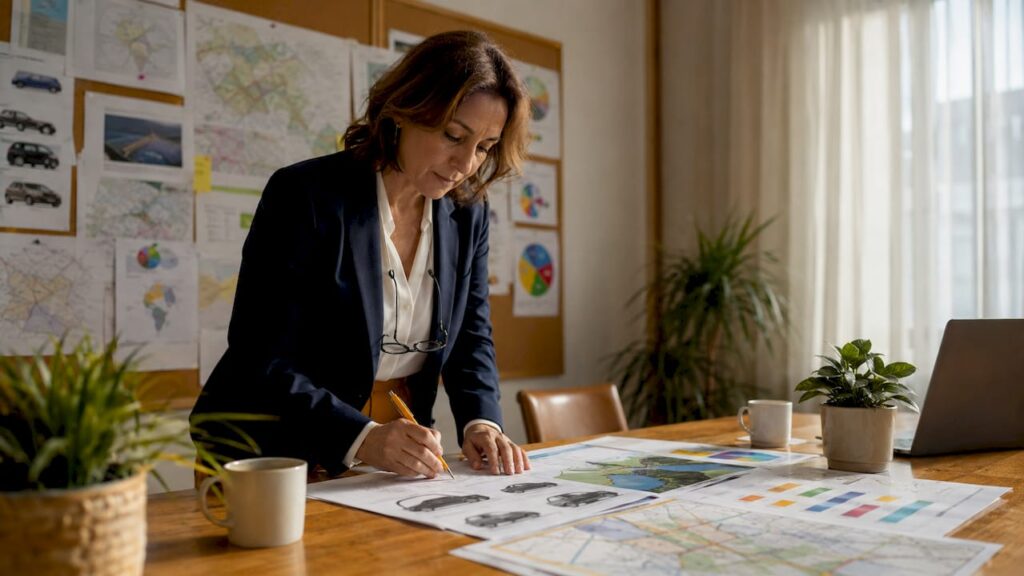 Planner reviewing corporate vehicle amenities documents