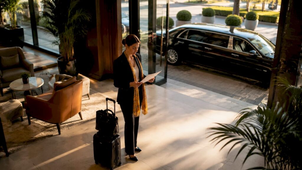 Traveler checking limo waiting details at airport curb