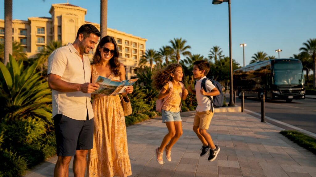 Family waiting for Orlando resort shuttle bus