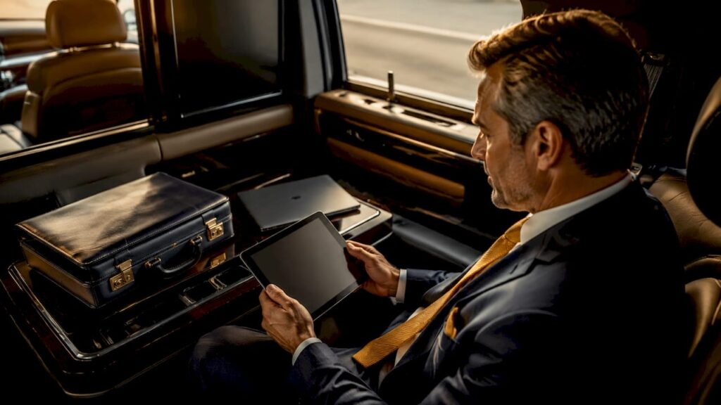 Executive reviewing documents in luxury vehicle privacy cabin