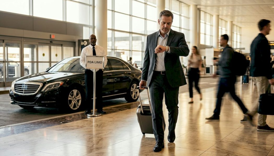 Executive meets chauffeur at airport arrivals