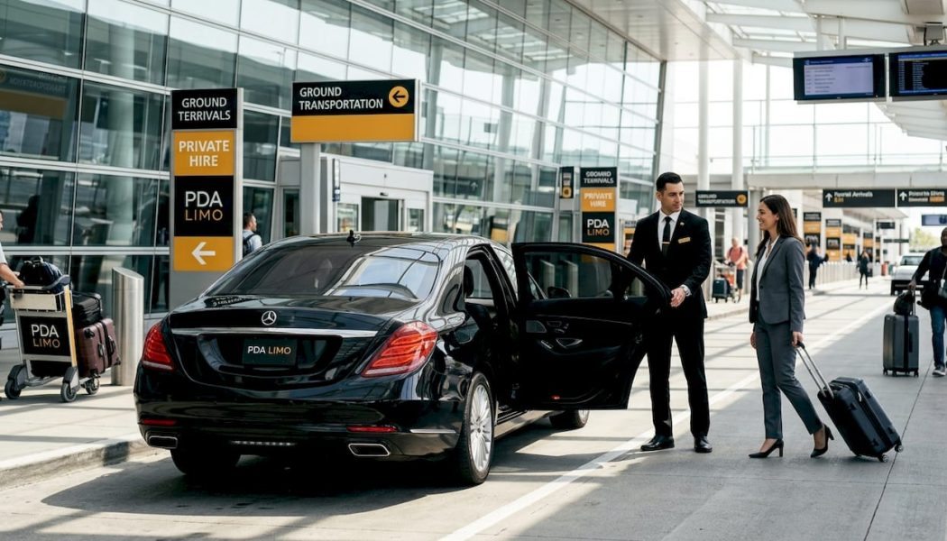 Luxury black car with chauffeur at airport curb