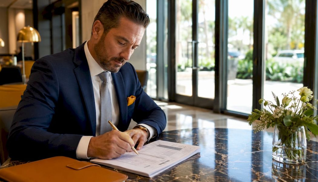 Professional chauffeur reviewing event schedule in office