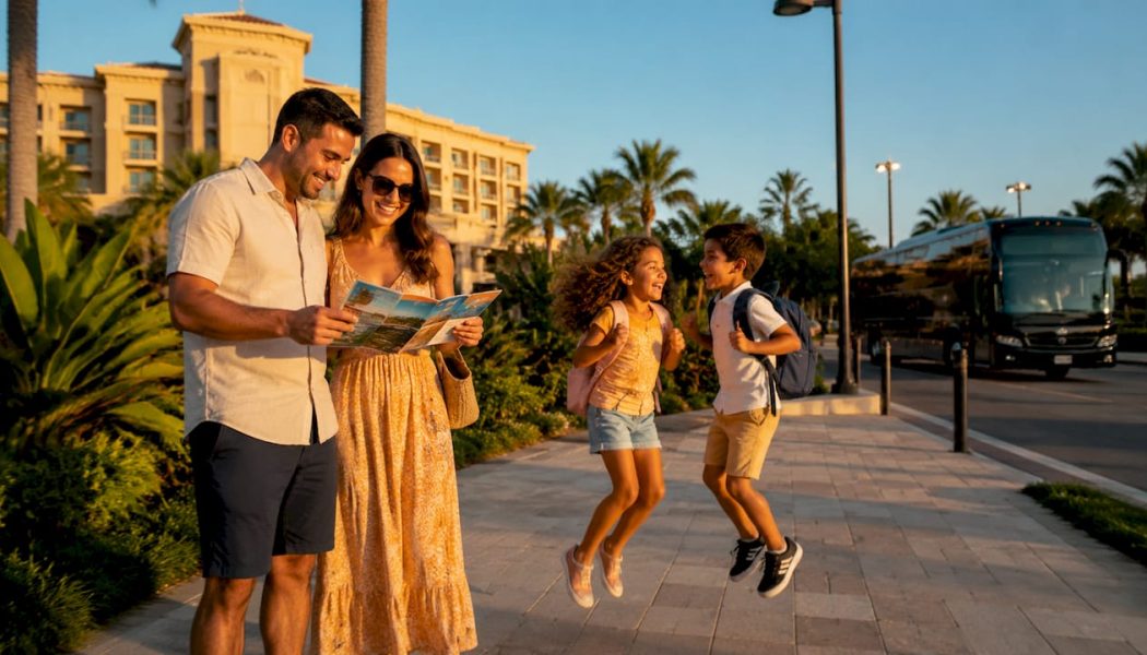 Family waiting for Orlando resort shuttle bus