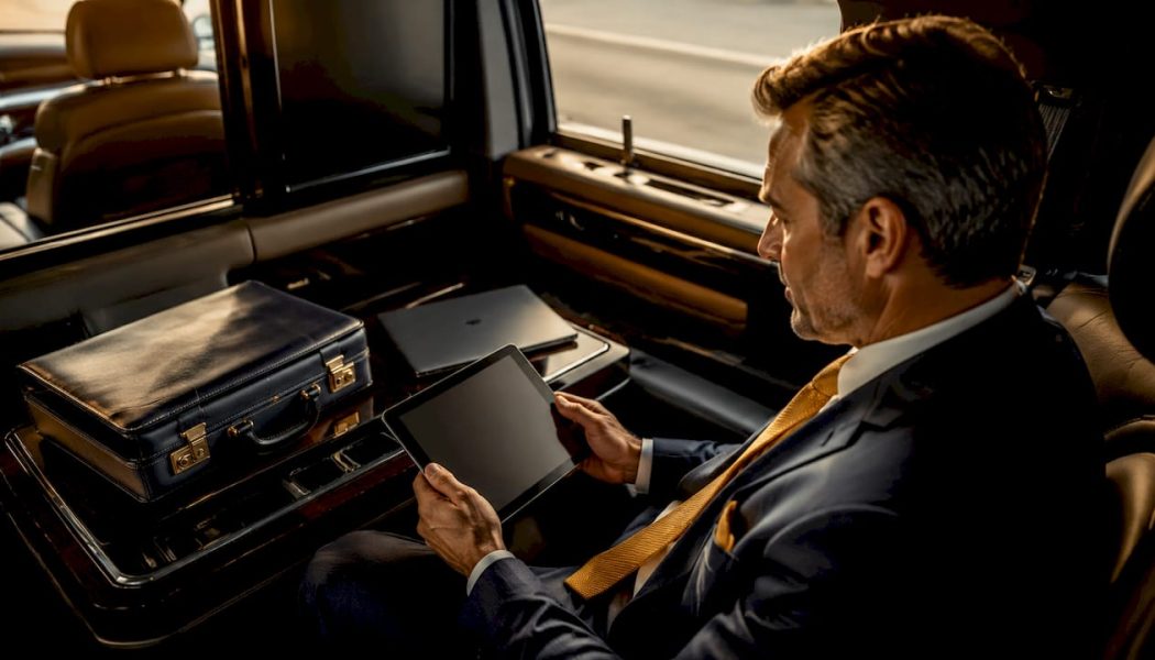 Executive reviewing documents in luxury vehicle privacy cabin